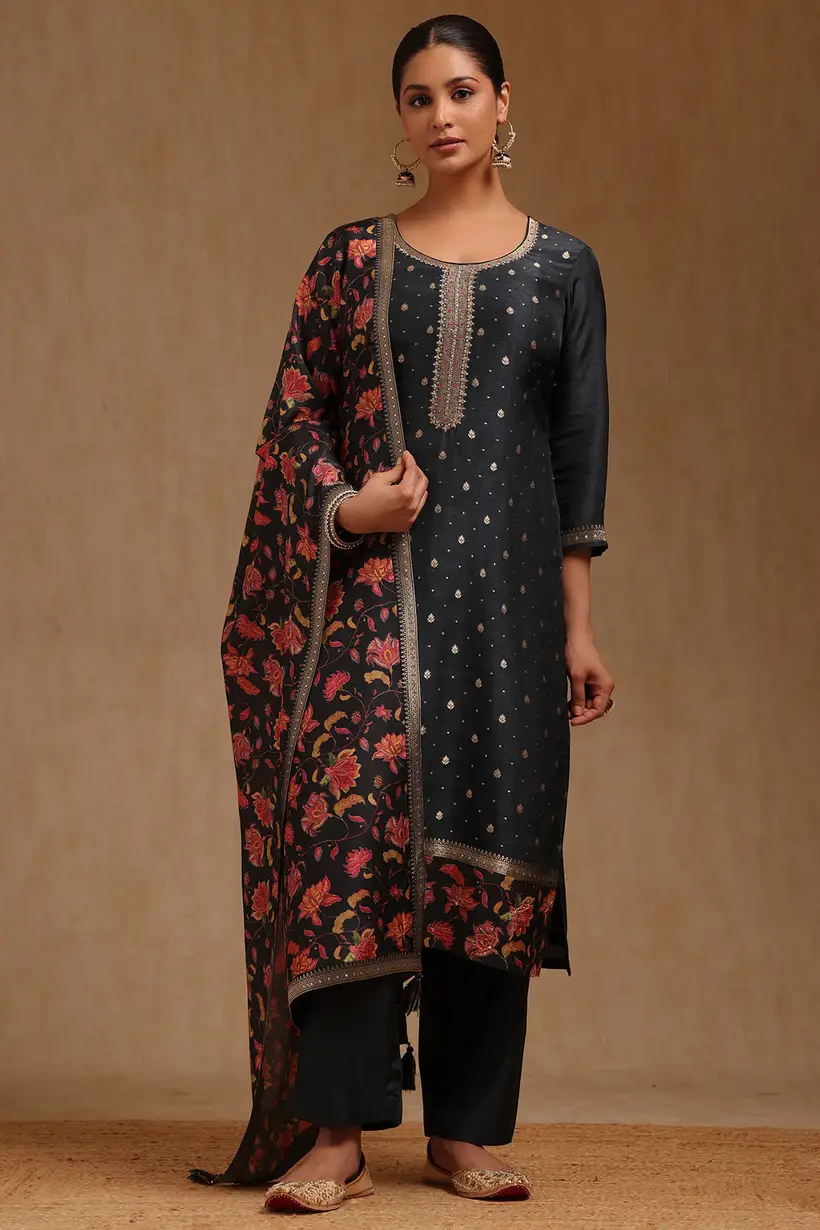 Charcoal Grey Dola Silk Zari Woven Suit Set With Sequins